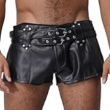 dPois Herren Boxershorts PU Leder Booty Shorts Kurze Hose mit Schnallen Zipper Niedrige Taille Gothic Party Rave Club Outfit Schwarz XL