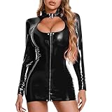 Limmion Damen Lederkleid Sexy Kleid Leder Bodysuit Damen Wetlook Bodysuit Ouvert PU Kurze Strampler Clubwear Enge Slim Fit Cosplay Playsuit Einteiler Partykleider Figurbetontes Kleider Kostüm