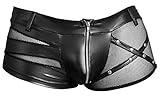 Orion Herren-Pants Schwarz – Boxer Shorts im Matt-Look mit Front-Reißverschluss, Mesh-Einsätzen, Gürtel-Details und Nieten, elastische Passform.