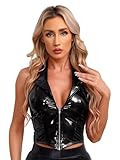 YiZYiF Damen Wetlook Tank Top Glanz PU-Leder Weste mit Reißverschluss vorne Neckholder Lack-Lederoptik Shirt Kurzes Oberteil Party Clubwear Schwarz_A M