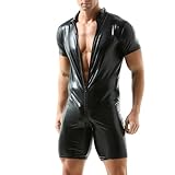 QiaTi Herren Kurzarm Kurze Hose Leotard Zip Strumpfhose Kunstleder Bodysuit