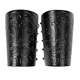 HiiFeuer Viking Armschiene Geprägte Fenrir Mjolnir Kunstleder Armrüstung, Mittelalterliche PU Leder Armschienen für LARP Aktivitäten, Halloween (Schwarz)