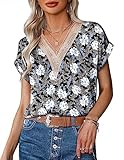 Zeagoo T-Shirt Damen Bluse Satin V-Ausschnitt Elegant Lässig Kurzarm Shirt Tunika Tops Hemd PAT6 M